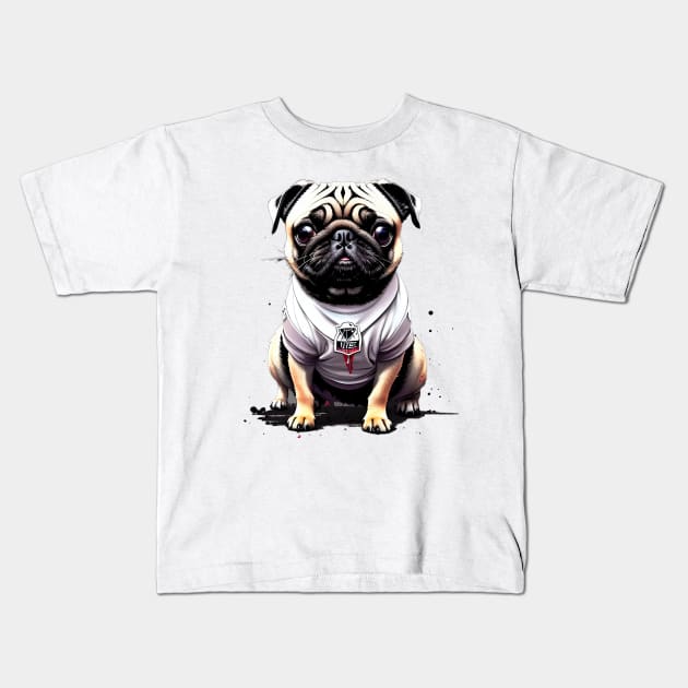 The Playful Pug: Ready for Action in a White Jersey Kids T-Shirt by fur-niche